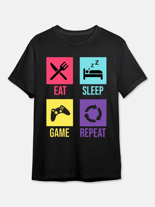 Eat Sleep Game Repeat -Gaming Quotes T-Shirt -Black